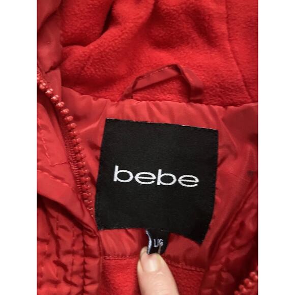 BEBE Red Hooded Puffer Jacket Coat Women L Faux Fur Short Rhinestone - Picture 14 of 16